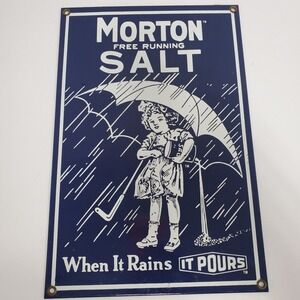 VTG Morton Salt Enamel Slate Sign Girl Umbrella When It Rains It Pours Advertise